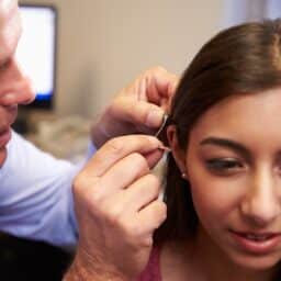 Audiologist fitting a patient with a new, upgraded set of hearing aids.