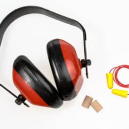 A pair of red and black ear muffs next to ear plugs on a white background